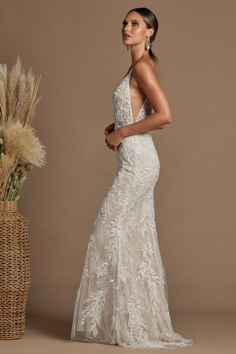 Fitted V-Neck Lace Bridal Gown By Nox Anabel -JE915