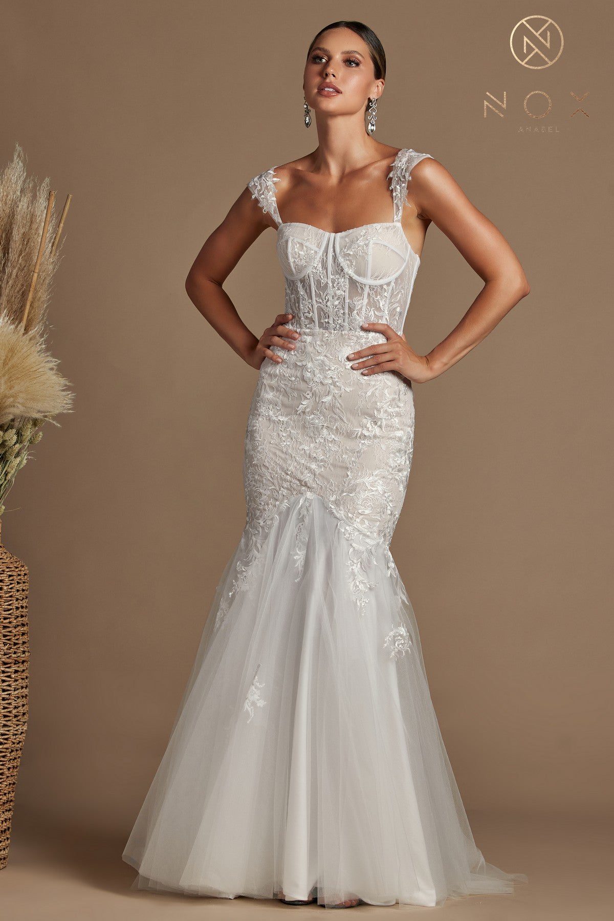 Fitted Off Shoulder Lace Gown By Nox Anabel -JS924