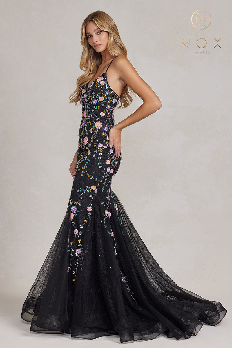V-Neck Floral Beaded Prom Gown By Nox Anabel -C1117