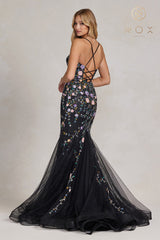 V-Neck Floral Beaded Prom Gown By Nox Anabel -C1117