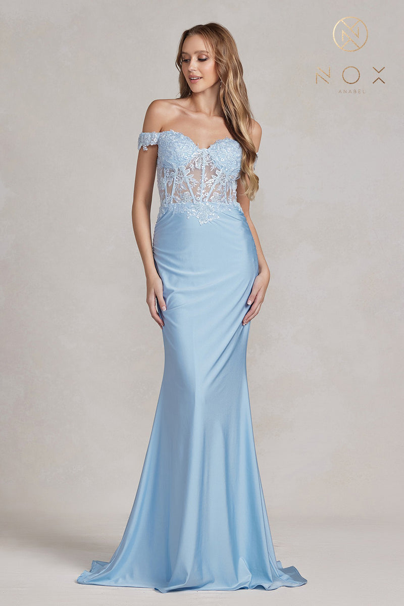 Off Shoulder Lace Corset Prom Gown By Nox Anabel -E1184