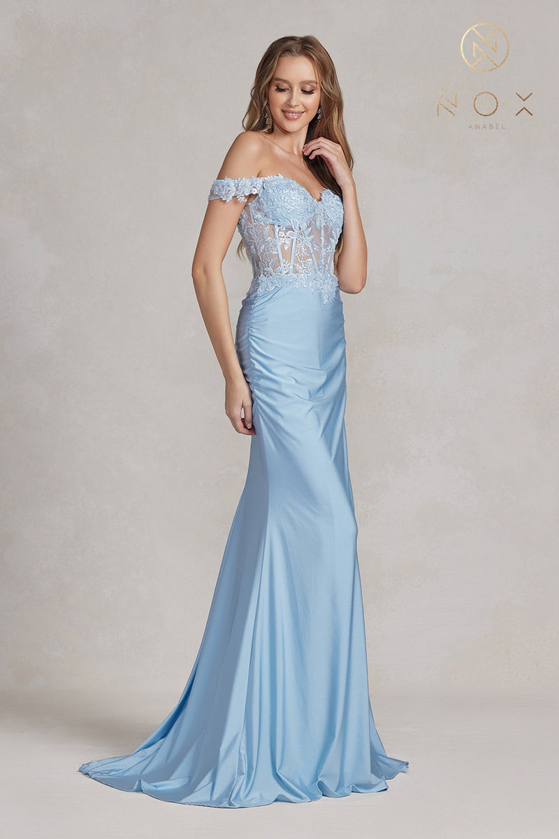 Off Shoulder Lace Corset Prom Gown By Nox Anabel -E1184
