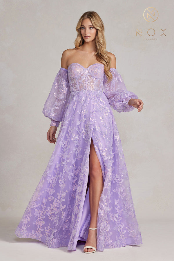 Nox Anabel K1155 Floor Length Butterfly Puff Sleeve Gown