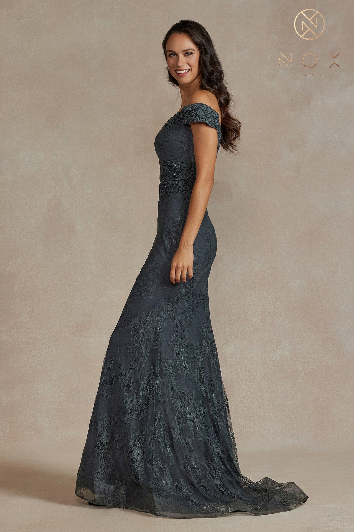 Fitted Off Shoulder Lace Gown By Nox Anabel -JQ501