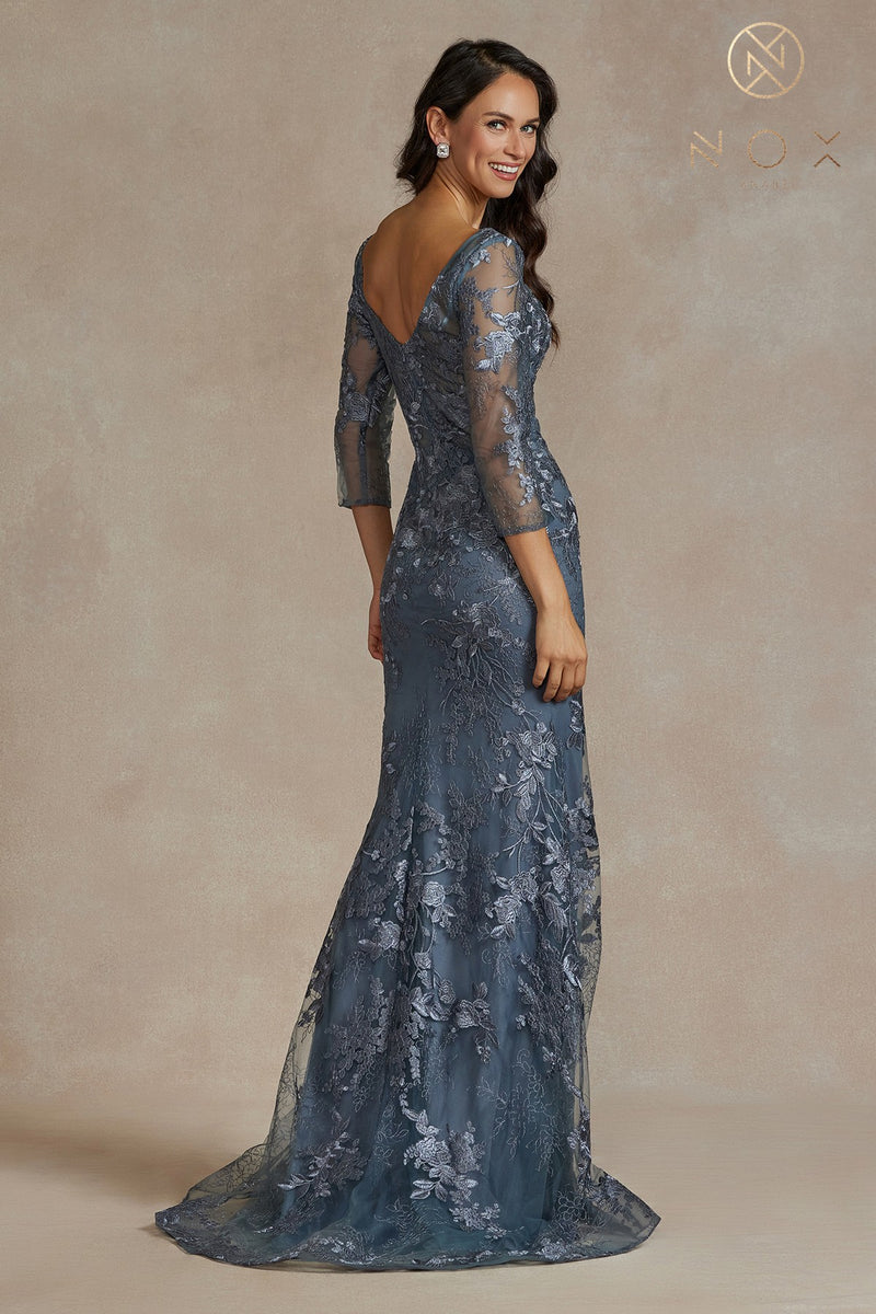 Floral Applique Fitted 3/4 Sleeve Gown By Nox Anabel -JQ503