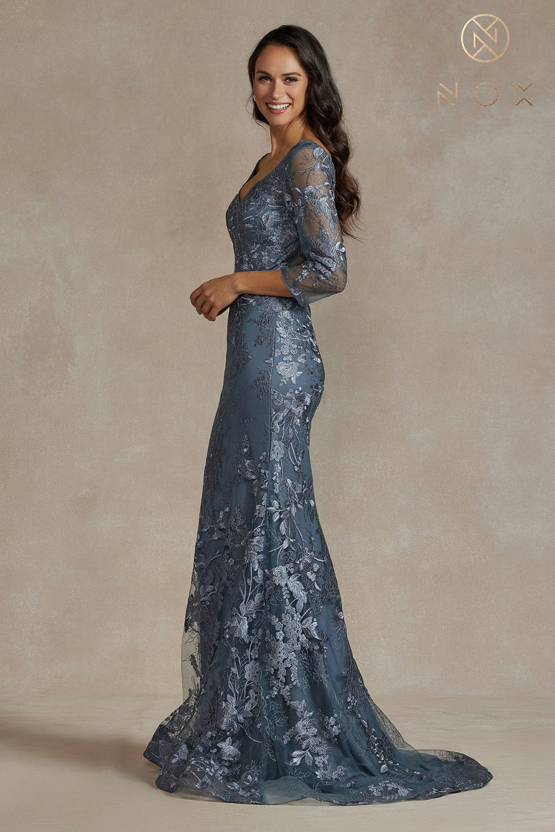 Floral Applique Fitted 3/4 Sleeve Gown By Nox Anabel -JQ503