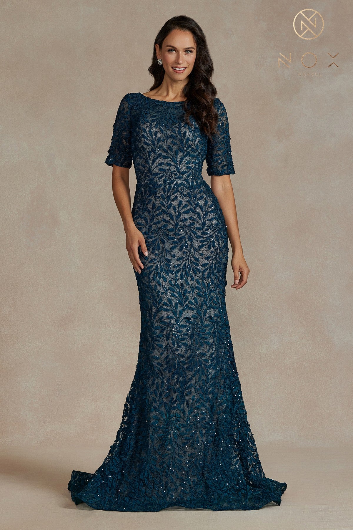 Fitted Applique Mid-Sleeve Gown By Nox Anabel -JQ506