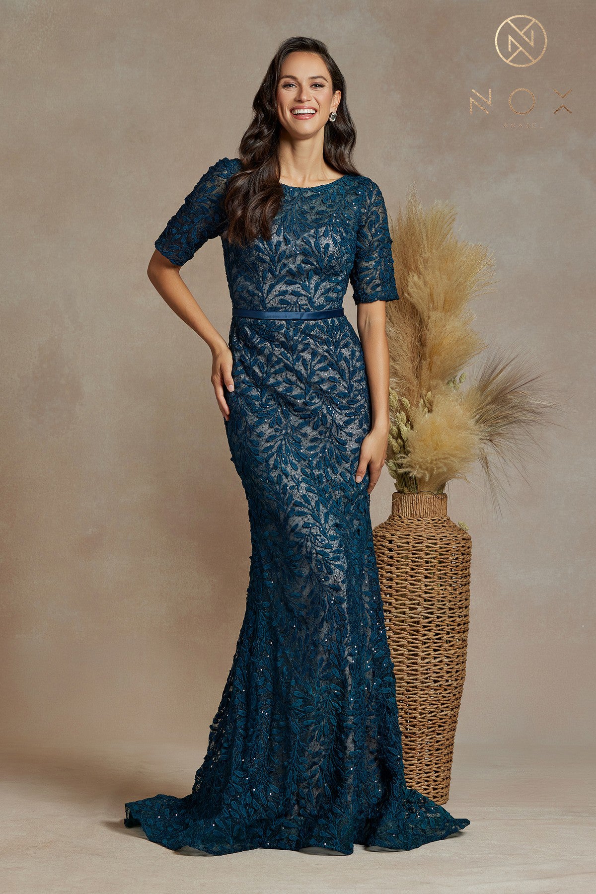 Fitted Applique Mid-Sleeve Gown By Nox Anabel -JQ506