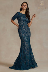 Fitted Applique Mid-Sleeve Gown By Nox Anabel -JQ506