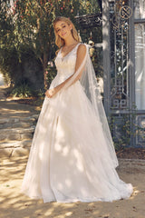 V Neck Bridal Gown with Shoulder By Nox Anabel -JE947