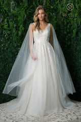 V Neck Bridal Gown with Shoulder By Nox Anabel -JE947