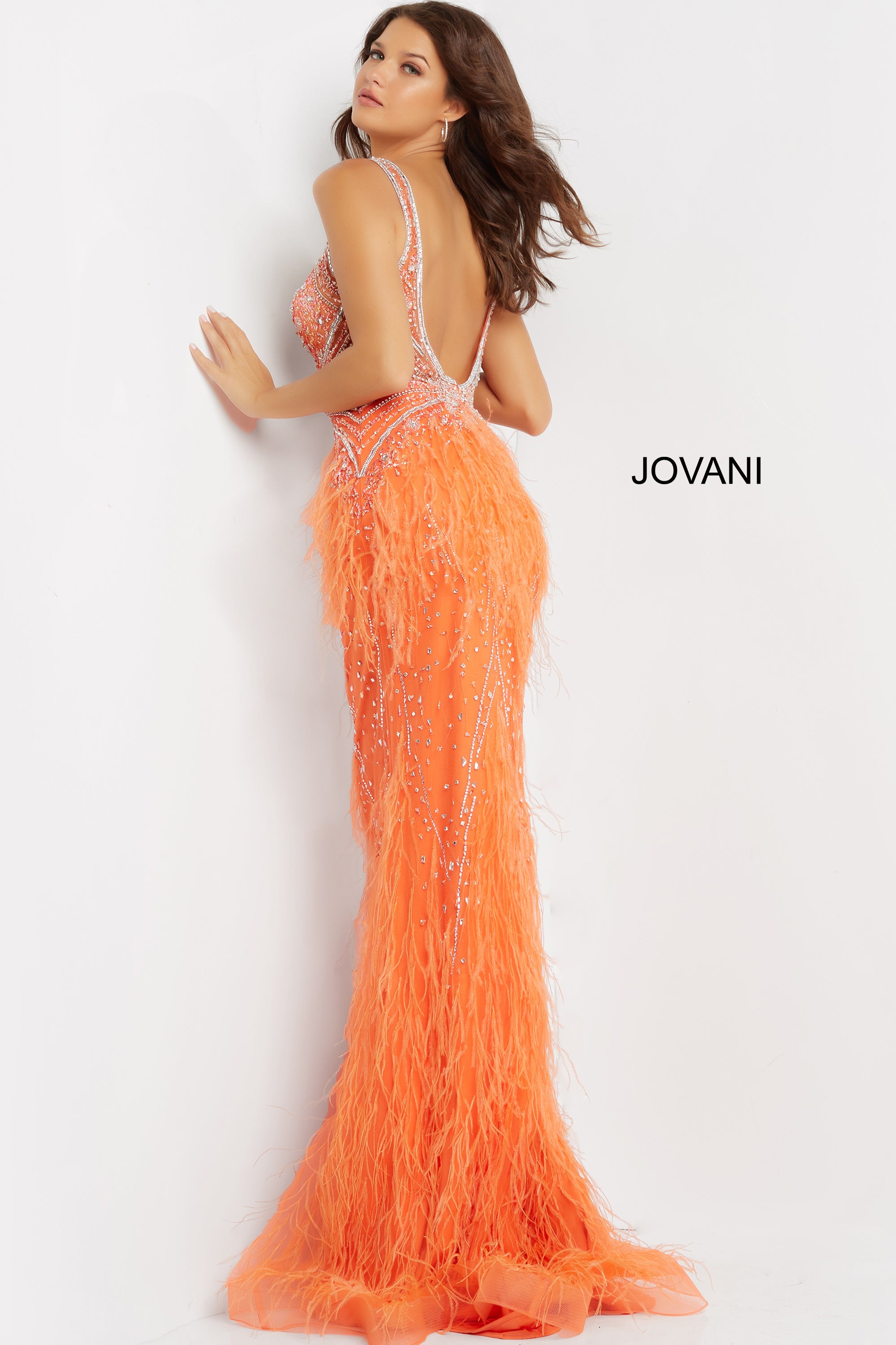 Sheer Embellished Bodice Feather Prom Dress By Jovani -03023