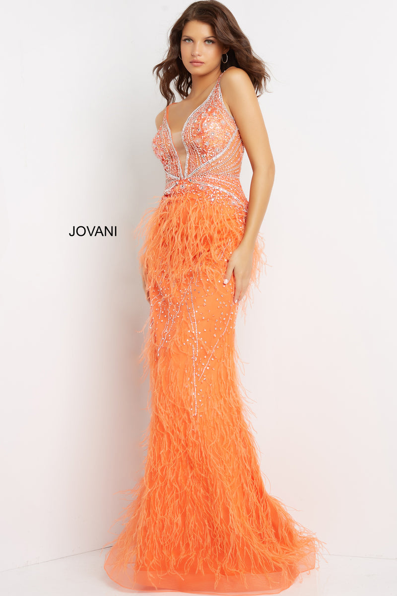 Sheer Embellished Bodice Feather Prom Dress By Jovani -03023