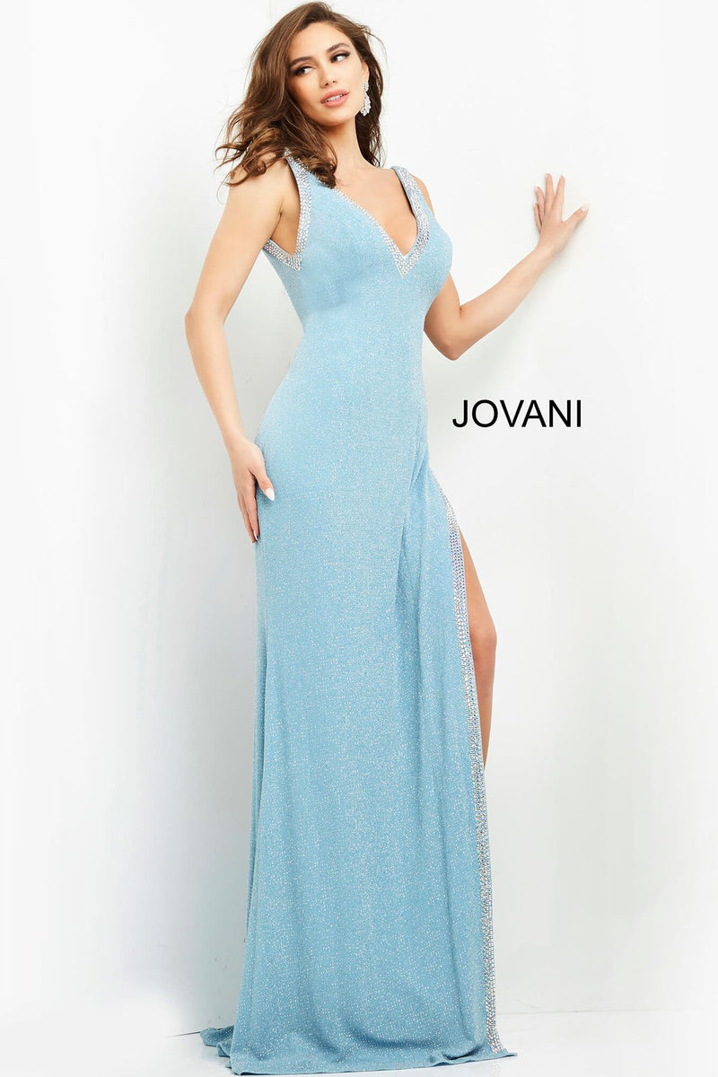 Jewel-Trimmed High Slit Sheath Gown By Jovani -06276