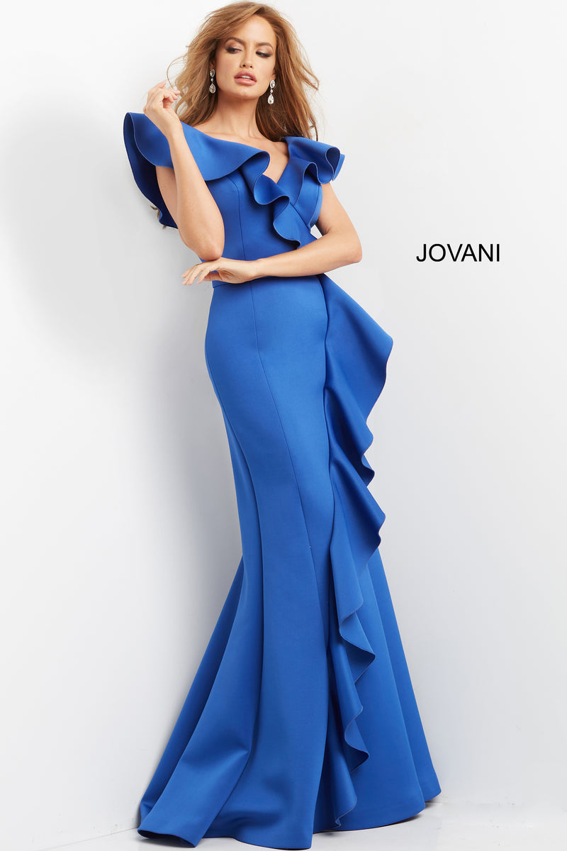 V Neck Ruffle Evening Dress By Jovani -06567