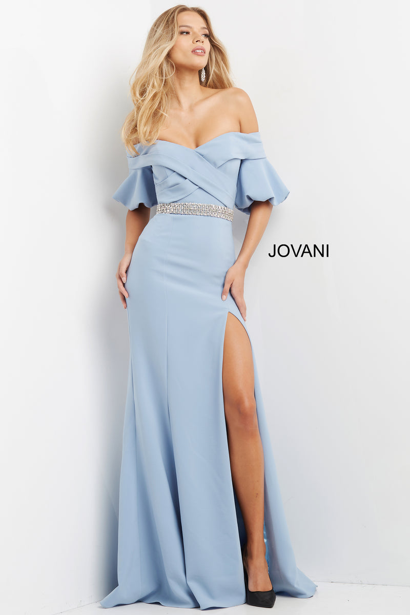 Off The Shoulder Embellished Belt Evening Dress By Jovani -06830