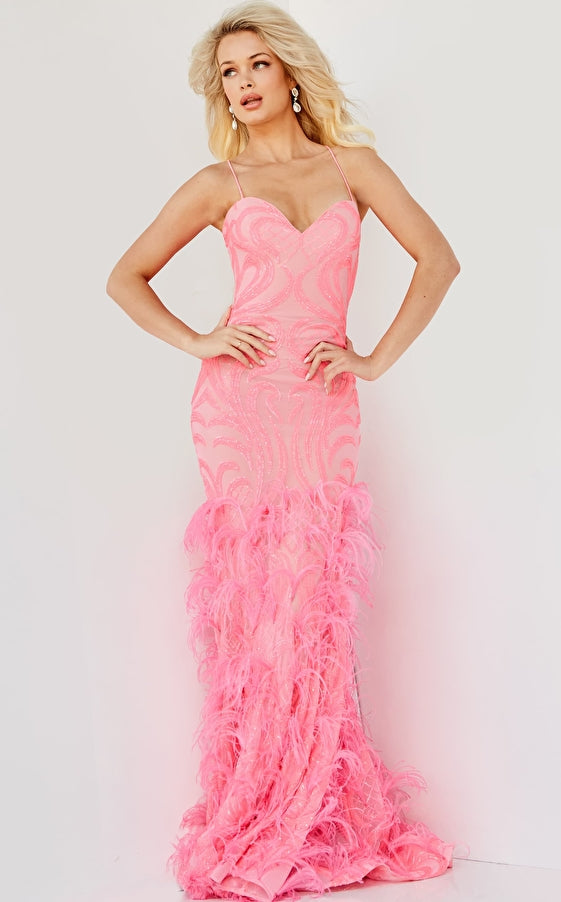 Sequin Feathered Trumpet Dress By Jovani -07425