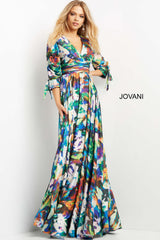 V Neck Three Quarter Sleeve Prom Gown By Jovani -08584