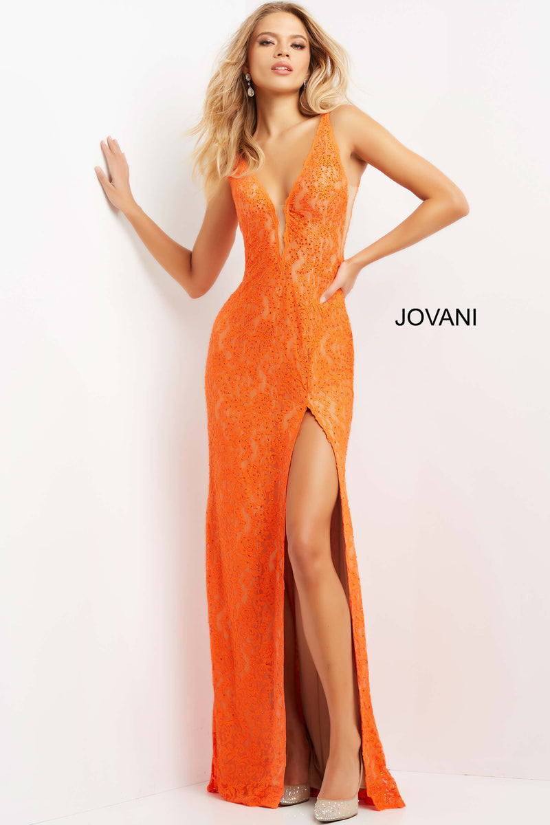 Nude Plunging Neck Lace Prom Dress By Jovani -08674