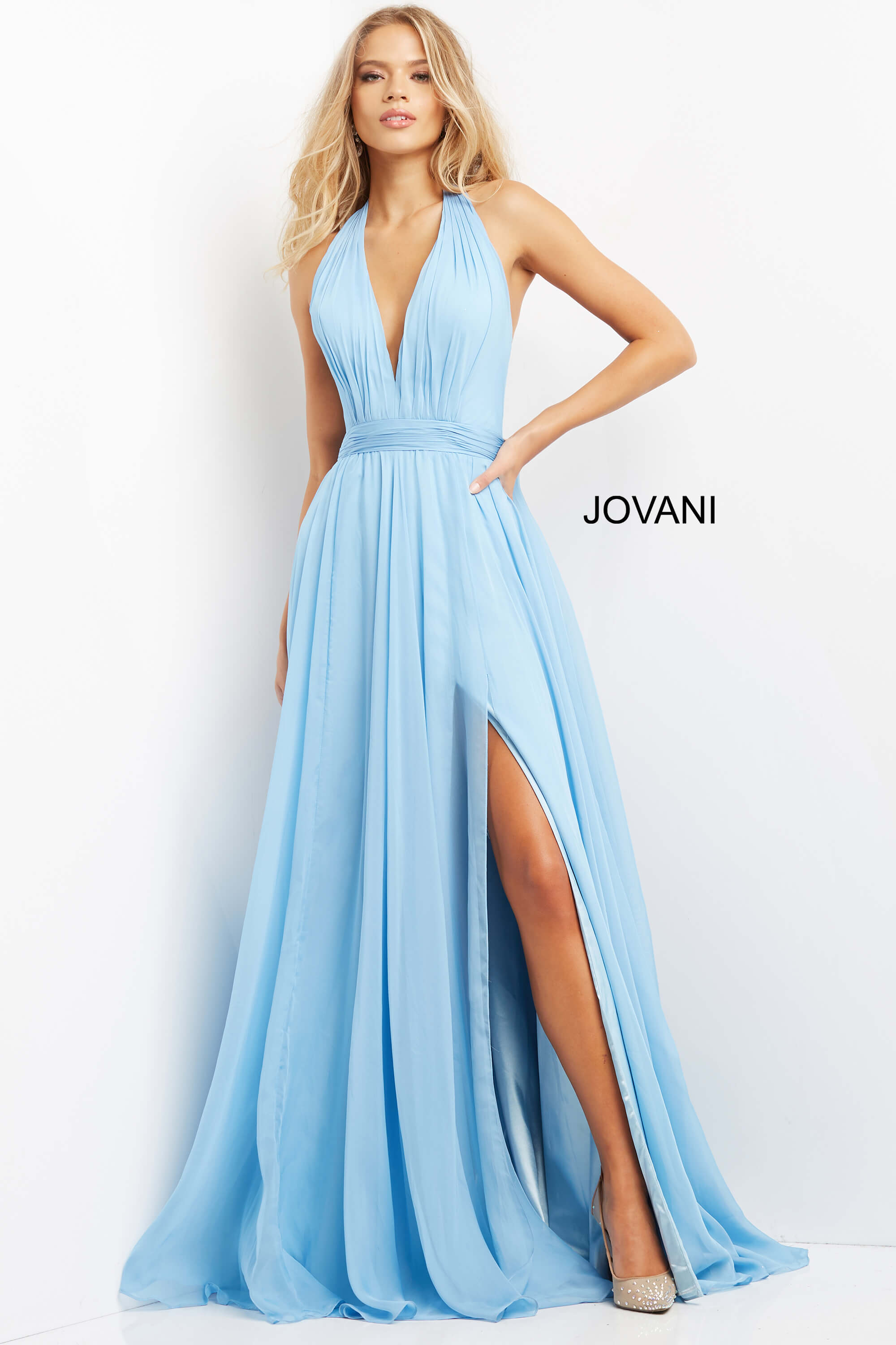 Light Blue Halter V Neck Chiffon Prom Dress By Jovani -08682