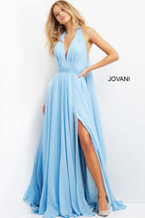 Light Blue Halter V Neck Chiffon Prom Dress By Jovani -08682