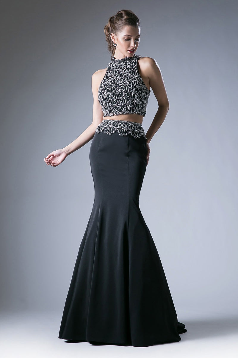 Two Piece Fitted Dress With Halter Beaded Top And Mikado Beaded Mermaid Skirt by Cinderella Divine -11574