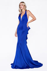 Fitted Gown With Halter Neckline, Open Back And Ruffle Back Detail by Cinderella Divine -11661