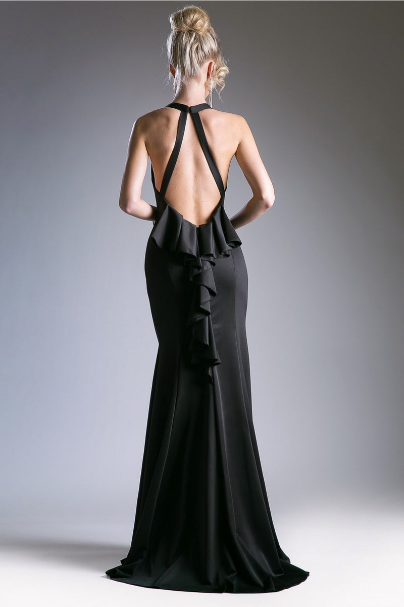Fitted Gown With Halter Neckline, Open Back And Ruffle Back Detail by Cinderella Divine -11661