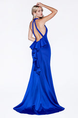 Fitted Gown With Halter Neckline, Open Back And Ruffle Back Detail by Cinderella Divine -11661