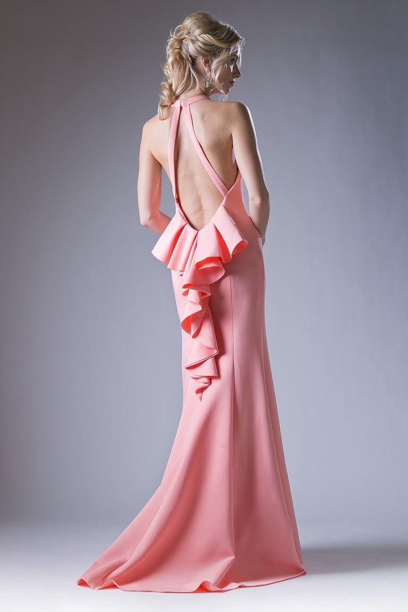 Fitted Gown With Halter Neckline, Open Back And Ruffle Back Detail by Cinderella Divine -11661
