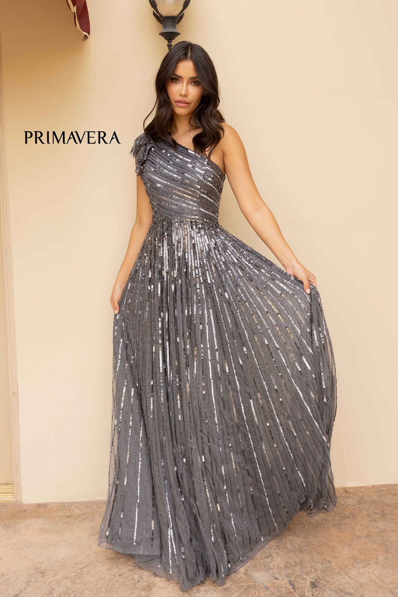 Asymmetrical Sequined Flowy Dress By Primavera Couture -12009