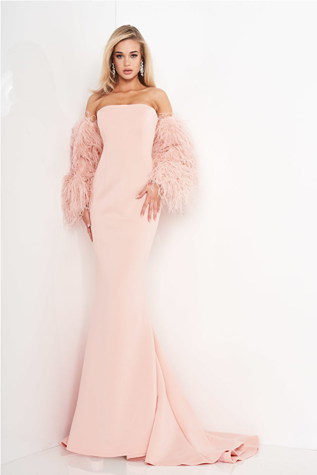 Strapless Fur Sleeves Gown By Jovani -1226