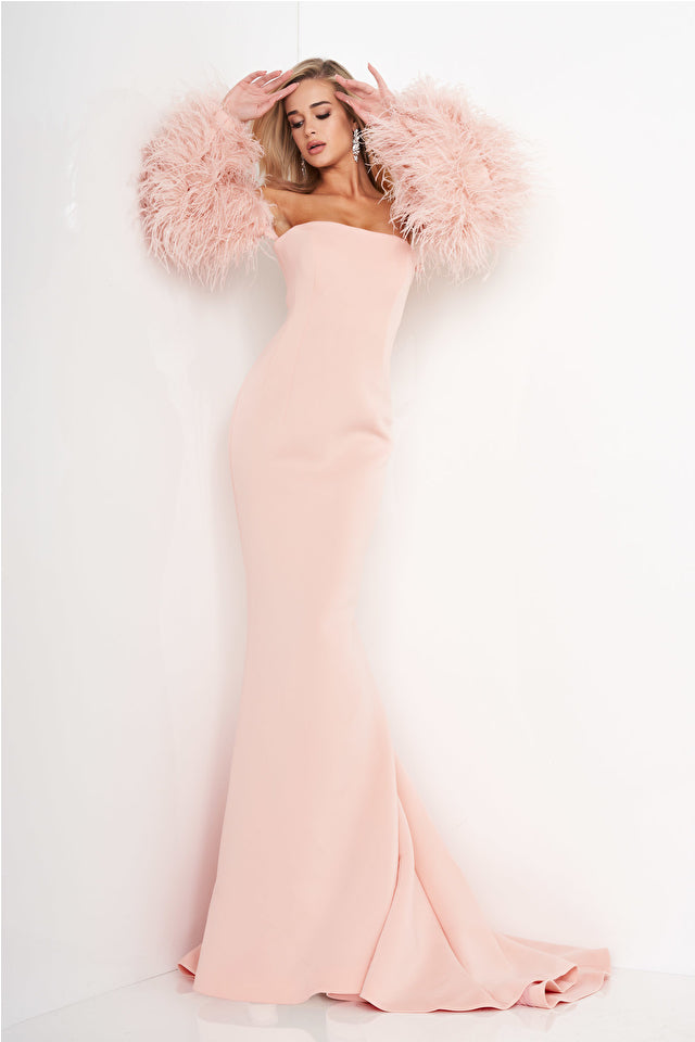 Strapless Fur Sleeves Gown By Jovani -1226