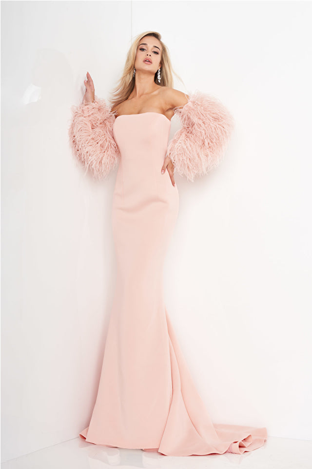 Strapless Fur Sleeves Gown By Jovani -1226