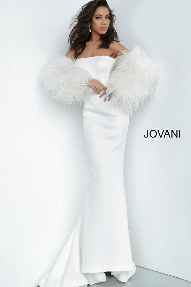 Strapless Fur Sleeves Gown By Jovani -1226