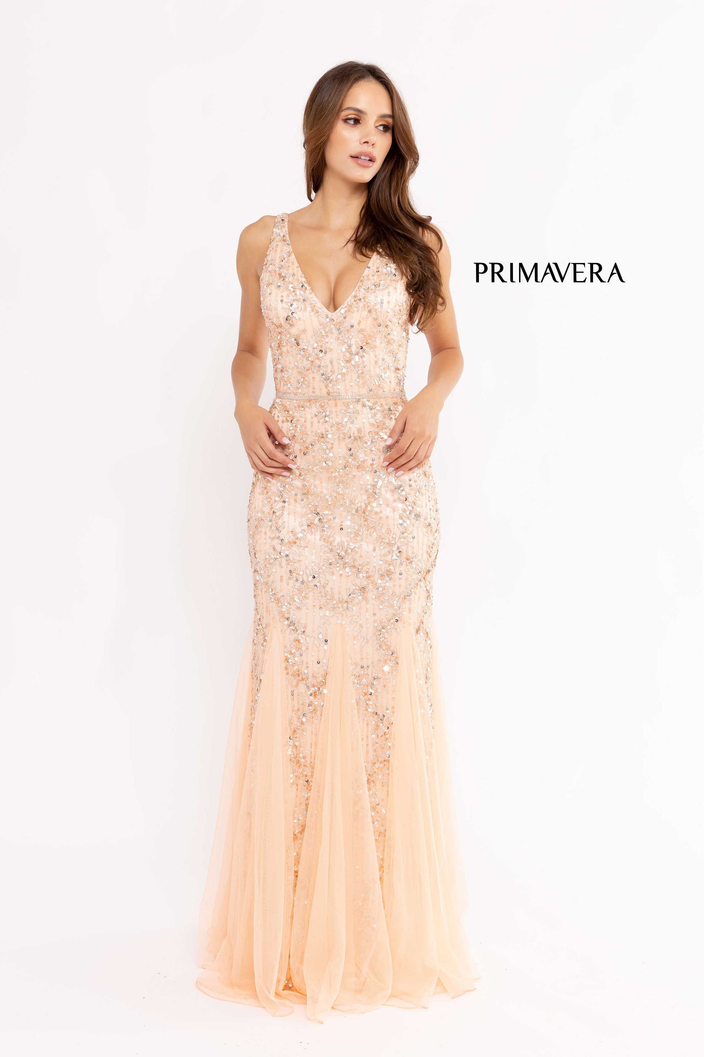 V Neck Sleeveless Sheath Gown By Primavera Couture -13107