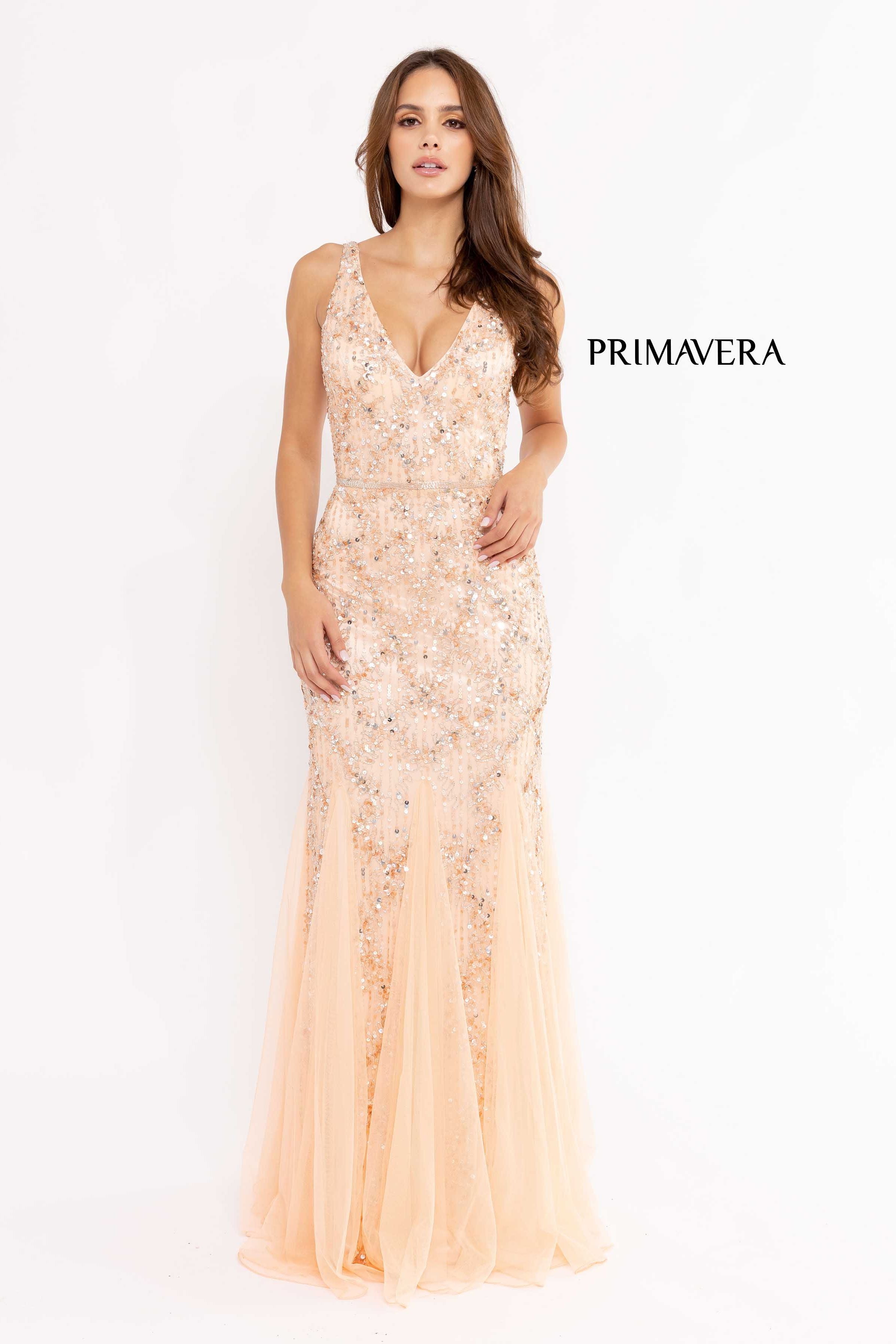 V Neck Sleeveless Sheath Gown By Primavera Couture -13107