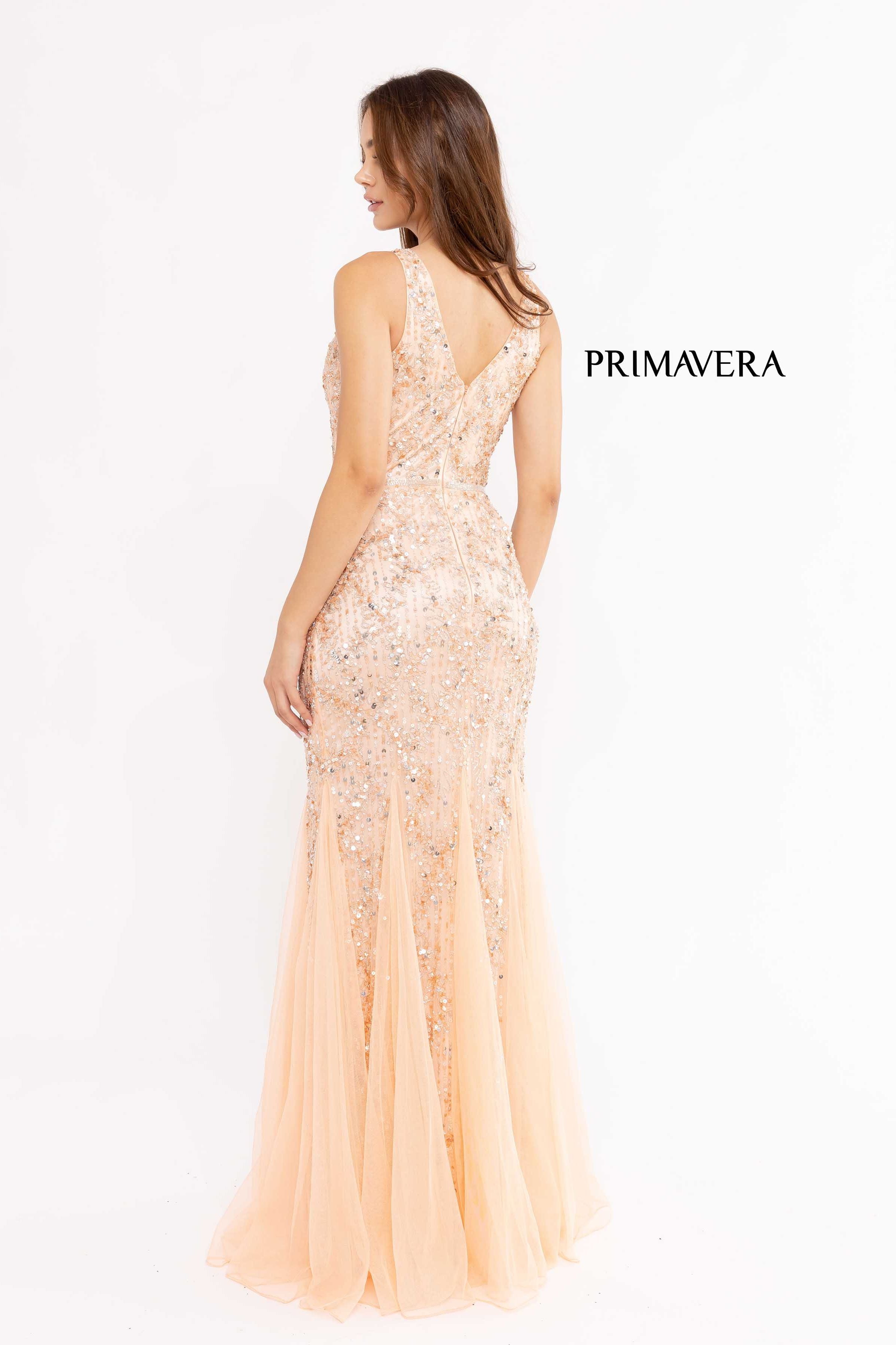 V Neck Sleeveless Sheath Gown By Primavera Couture -13107