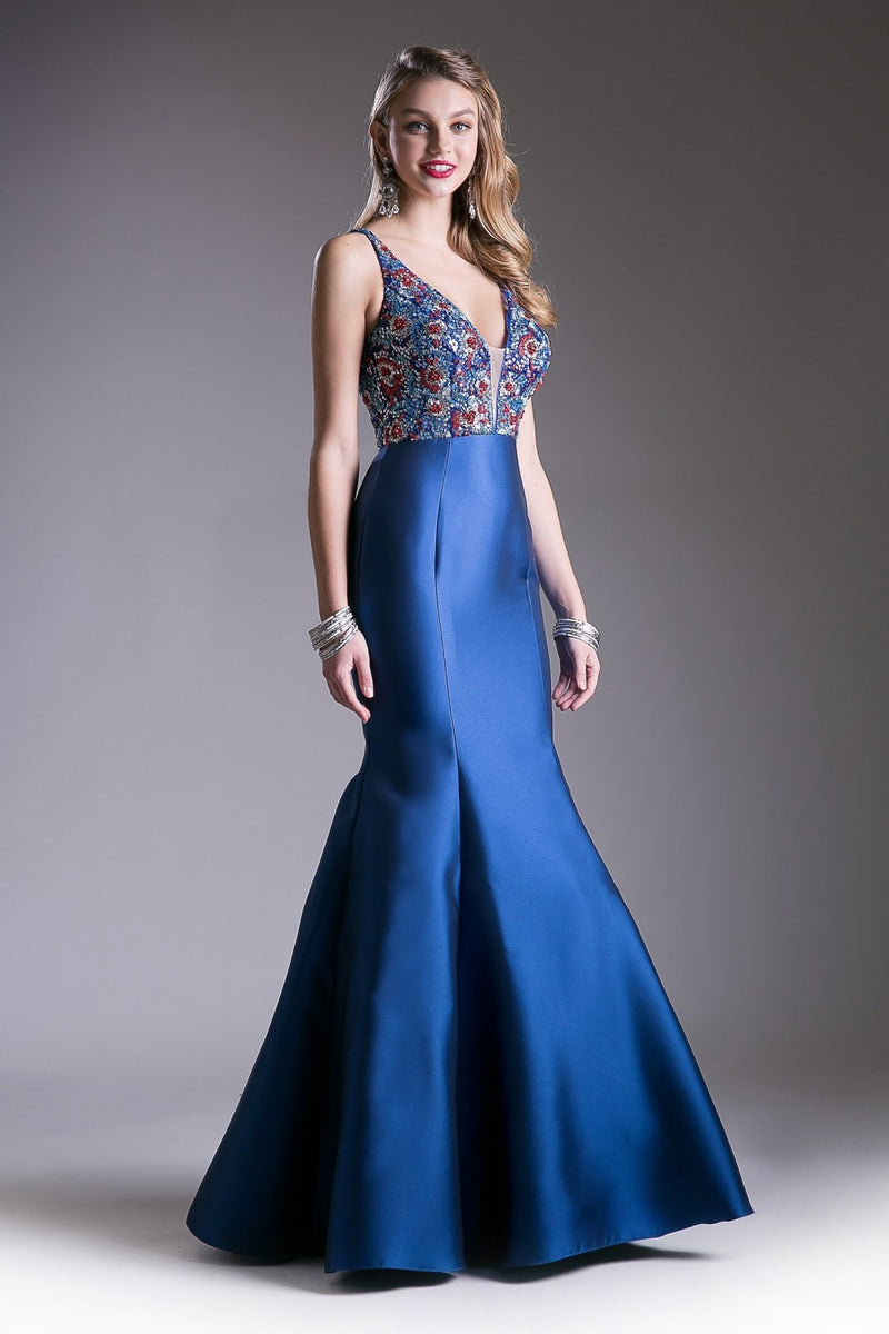 Fitted Mikado Mermaid Gown With V-Neckline And Embelished Bodice by Cinderella Divine -13108