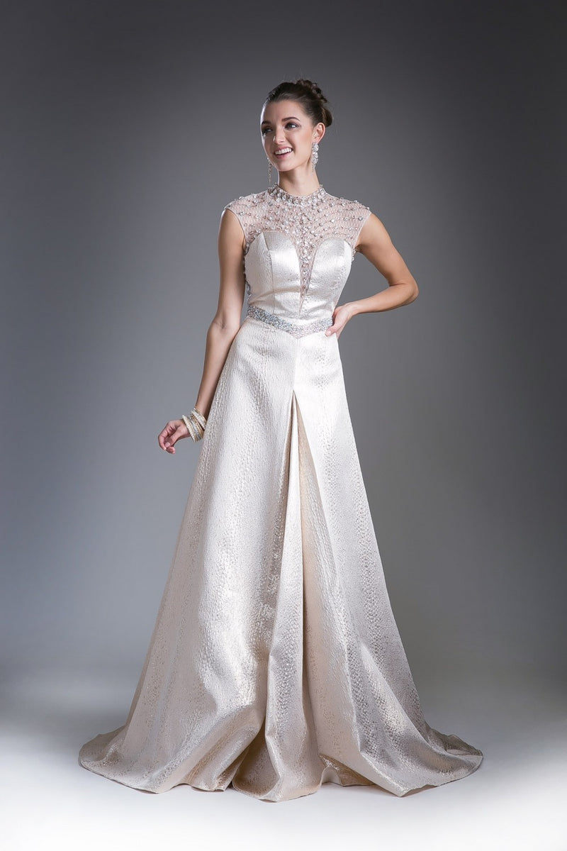 High Neck A-Line Gown With Beaded Illusion By Cinderella Divine -13557