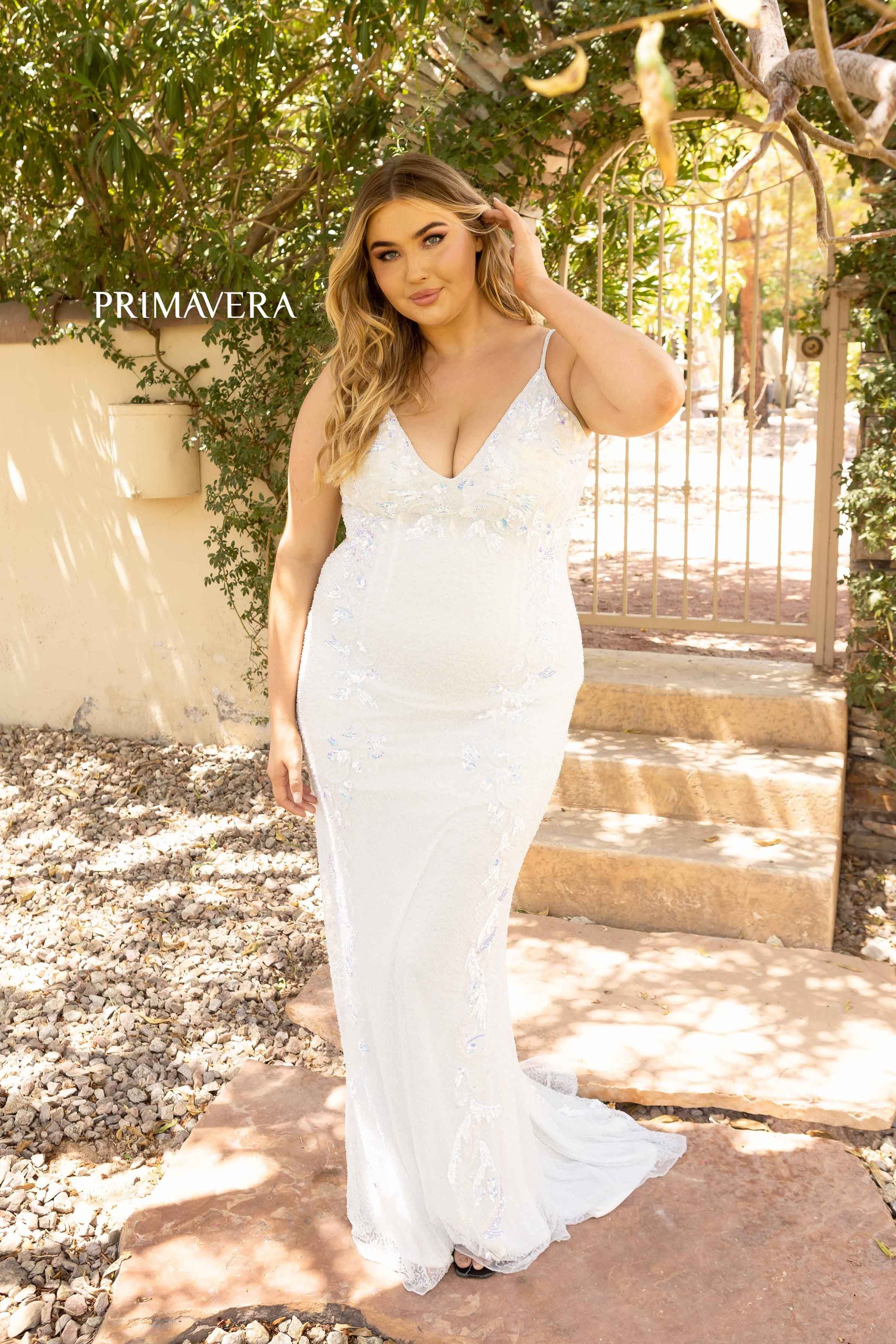 Embroidered Plunging Mermaid Dress by Primavera Couture -14005