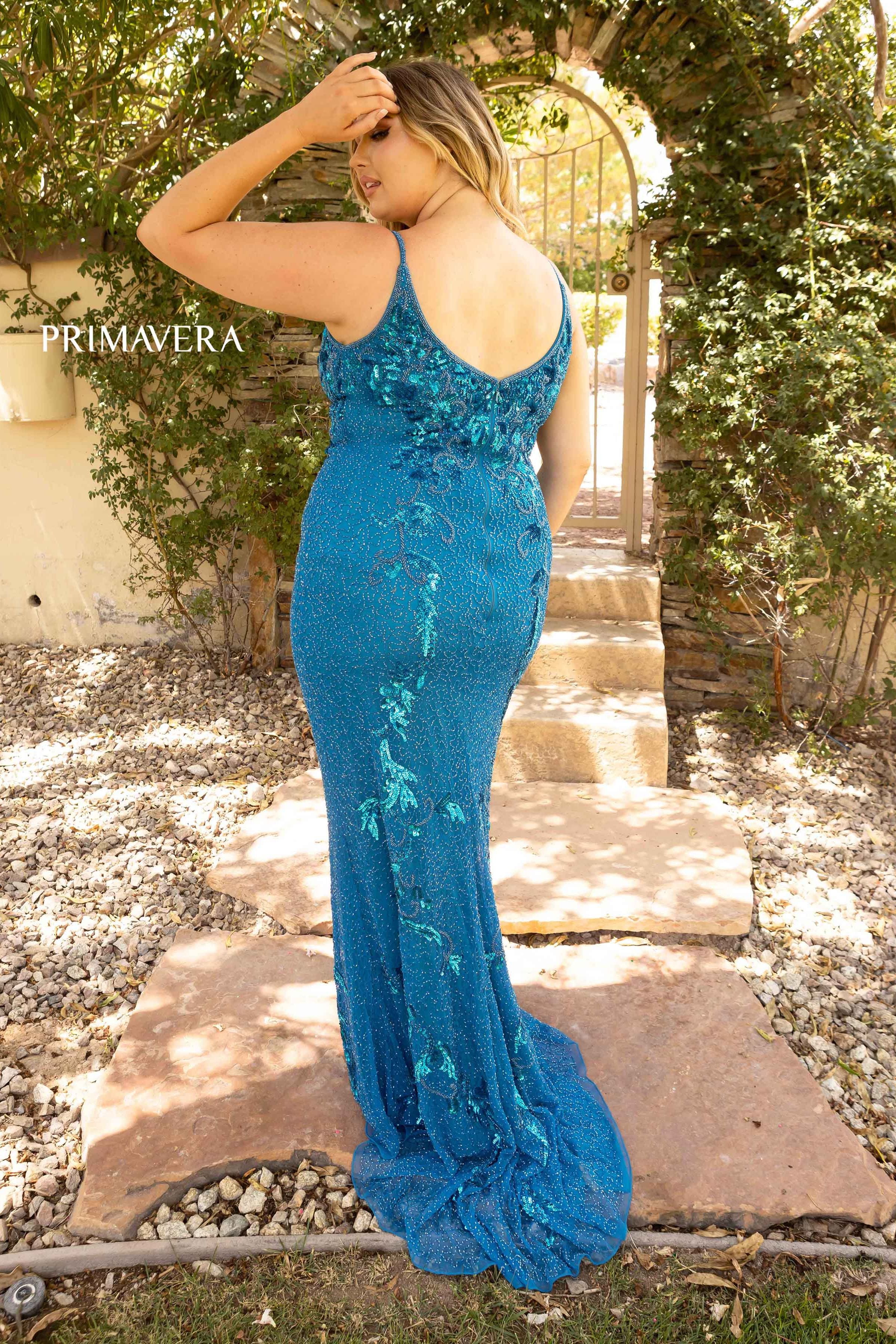 Embroidered Plunging Mermaid Dress by Primavera Couture -14005
