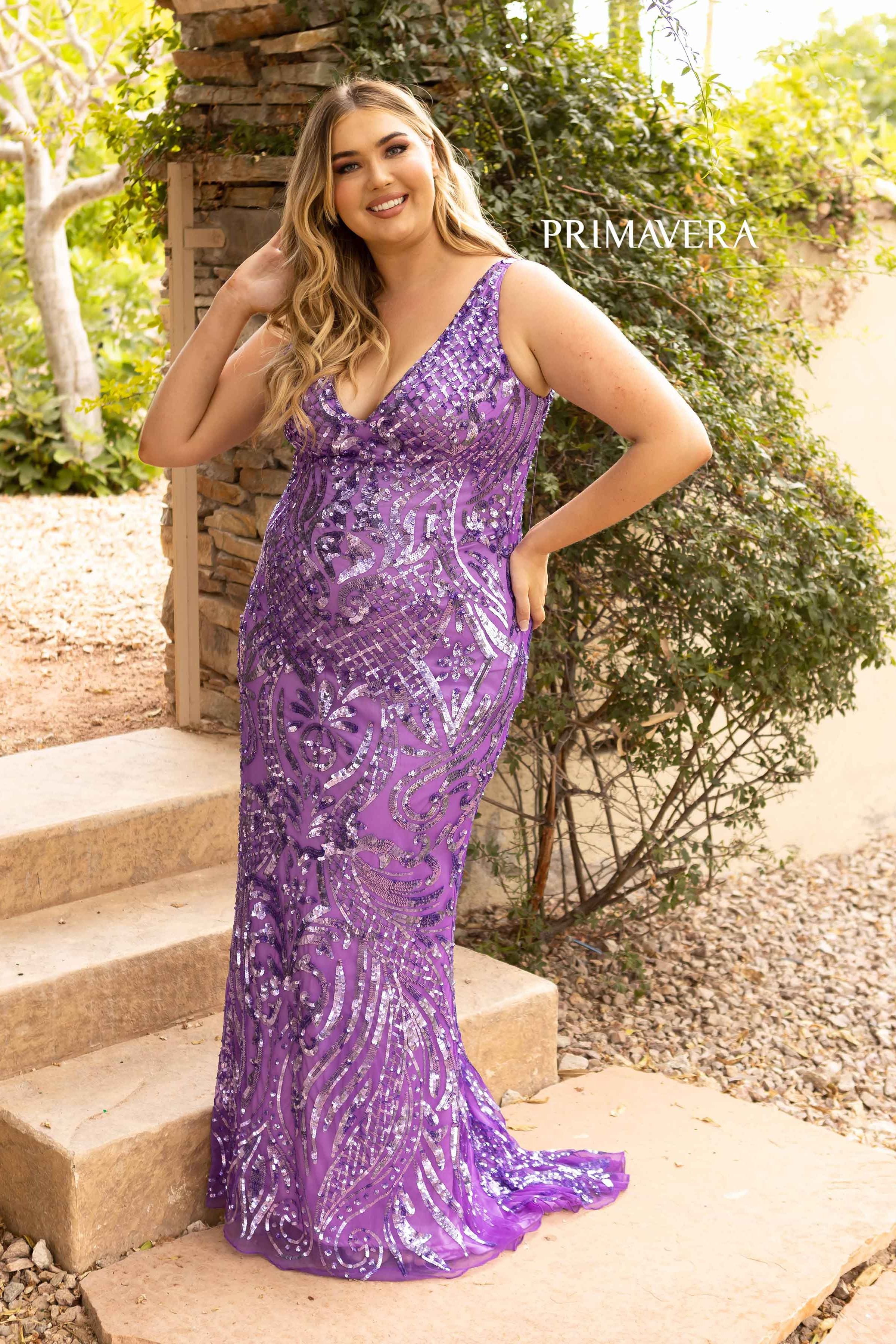 Plunging V-neckline Mermaid Dress by Primavera Couture -14008