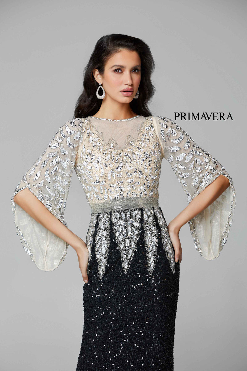Embellished Long Gown With Batwing Sleeves By Primavera Couture -1424