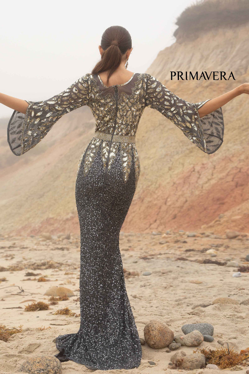 Embellished Long Gown With Batwing Sleeves By Primavera Couture -1424
