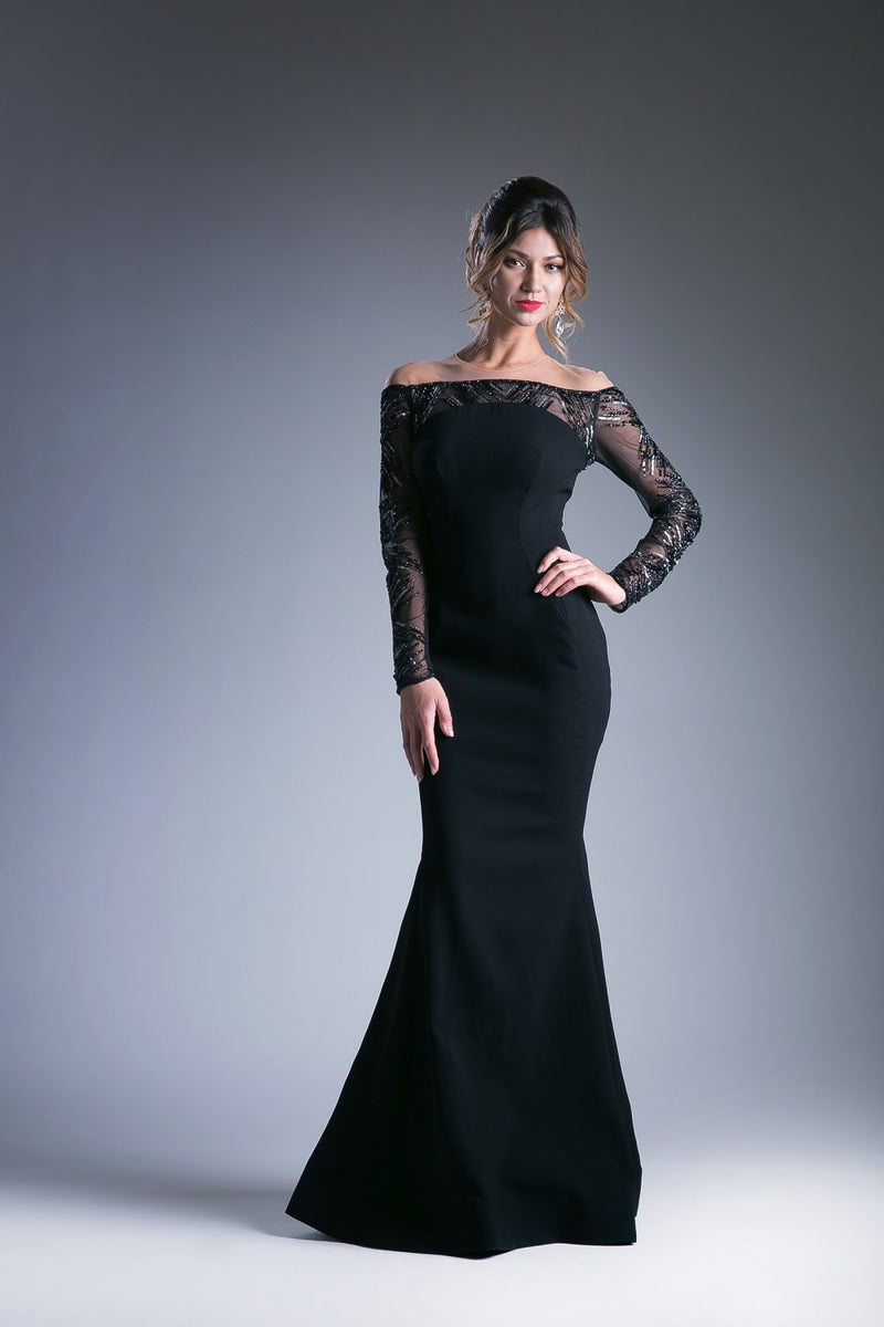 Black Fitted Long Sleeve Gown By Cinderella Divine -15078