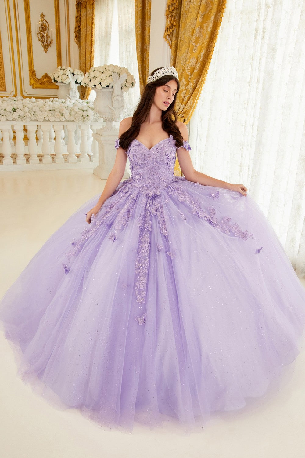 Layered Tulle Ball Gown With Lace Applique By Cinderella Divine -15709