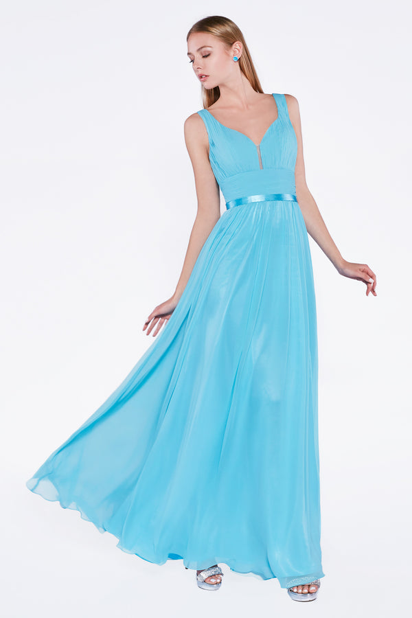 A-Line Chiffon Dress With Gathers And Deep Neckline by Cinderella Divine -1972