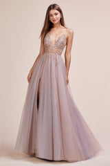 V-Neck Ethereal Floral Beaded Tulle A-Line With Leg Slit by Andrea and Leo -A0672