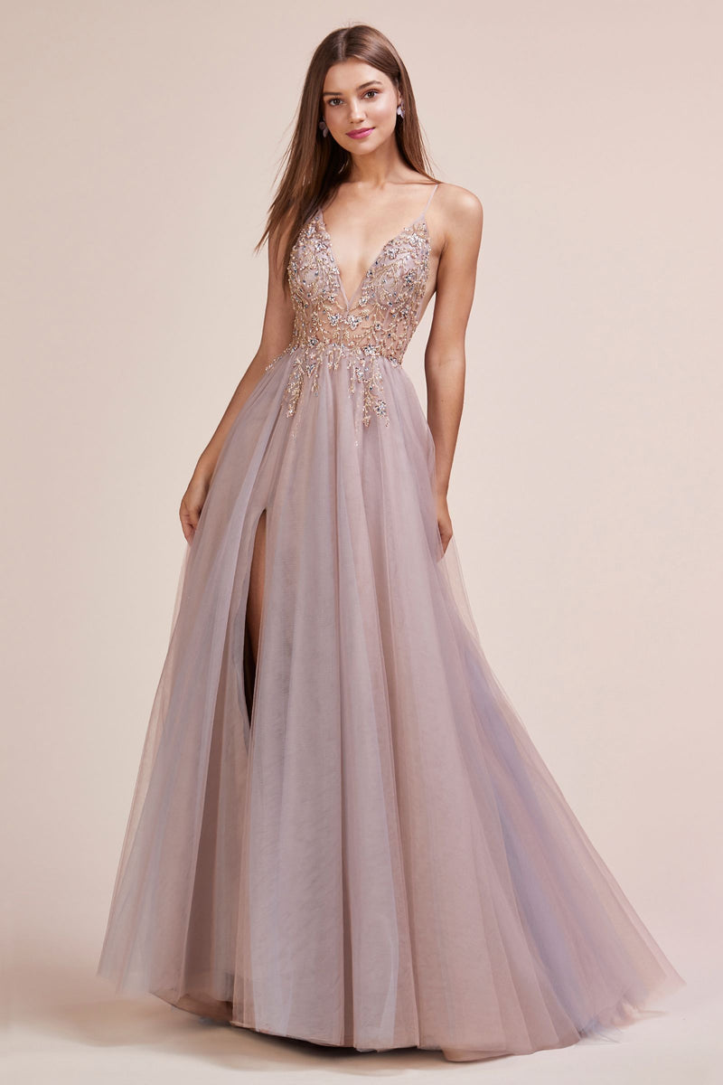 V-Neck Ethereal Floral Beaded Tulle A-Line With Leg Slit by Andrea and Leo -A0672